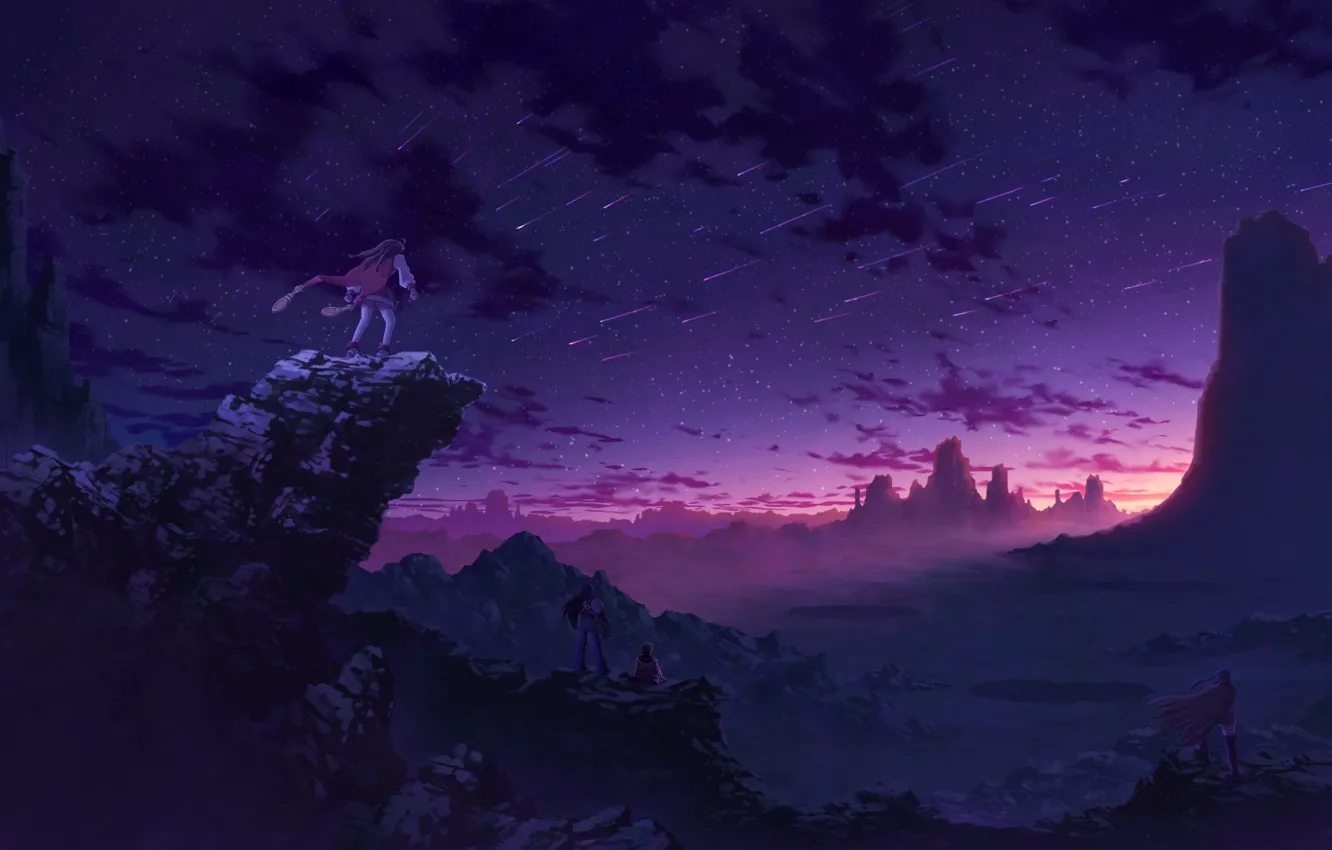 Фото обои закат, горы, скалы, аниме, арт, четверо, звездопад