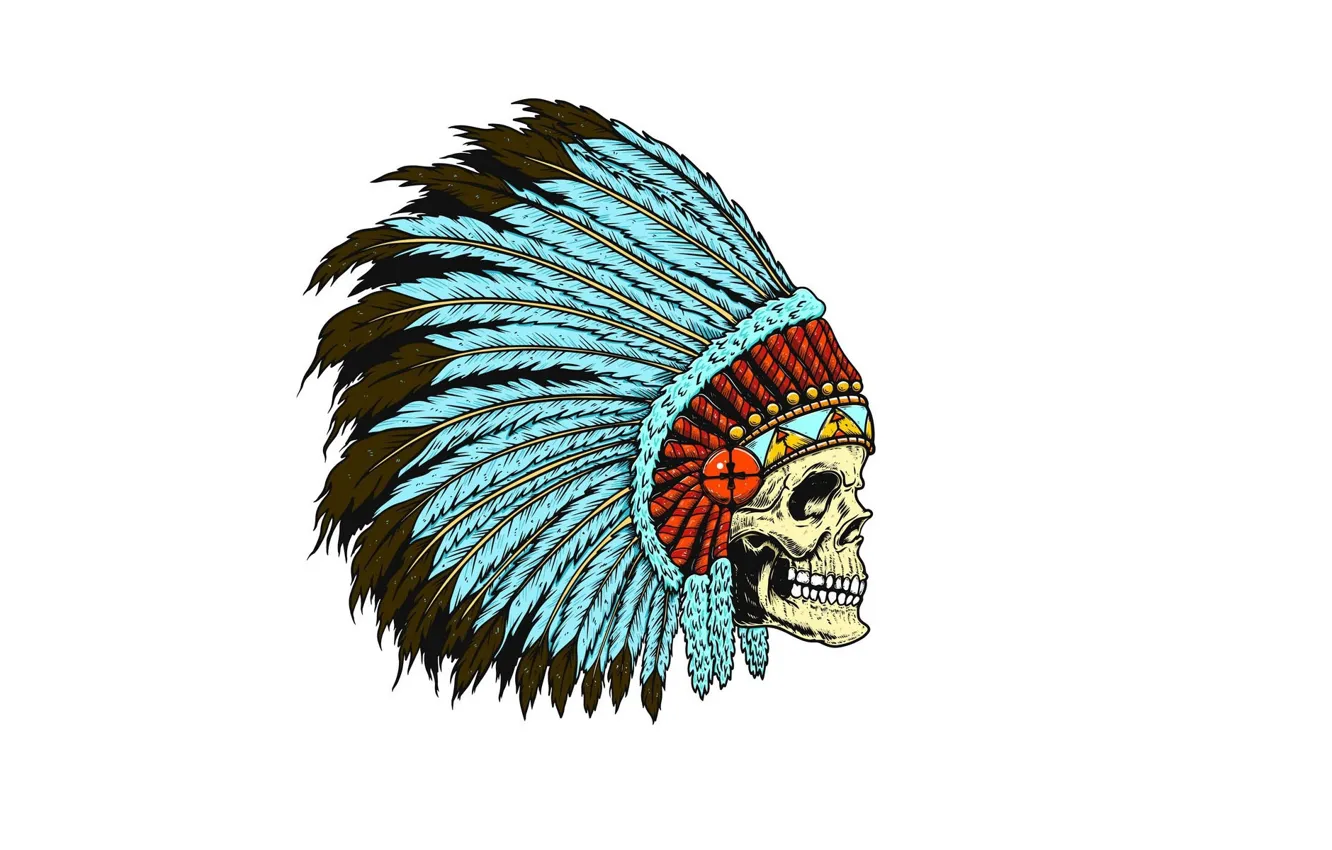 Фото обои череп, оскал, головной убор индейского воина, глазницы