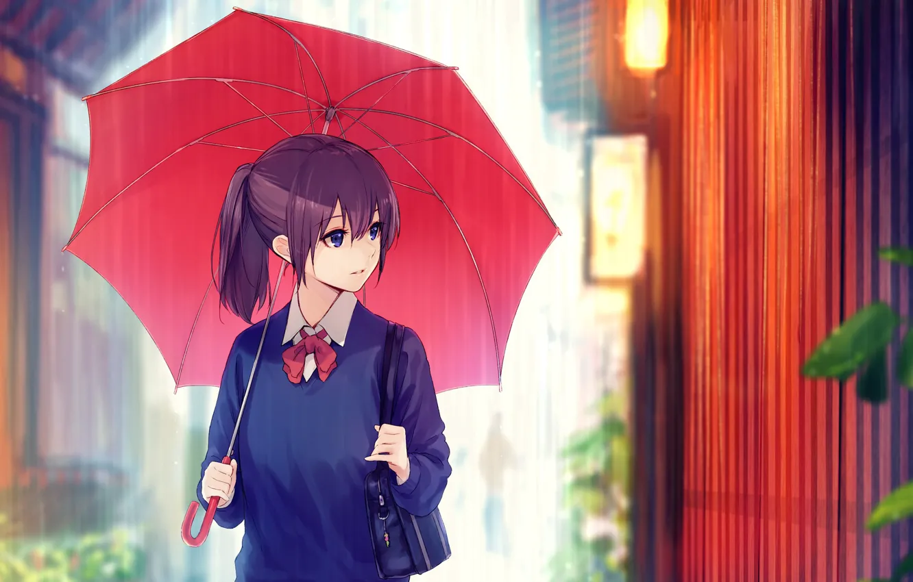 Фото обои дождик, забор, школьница, сумка, на улице, красный зонт, под зонтом