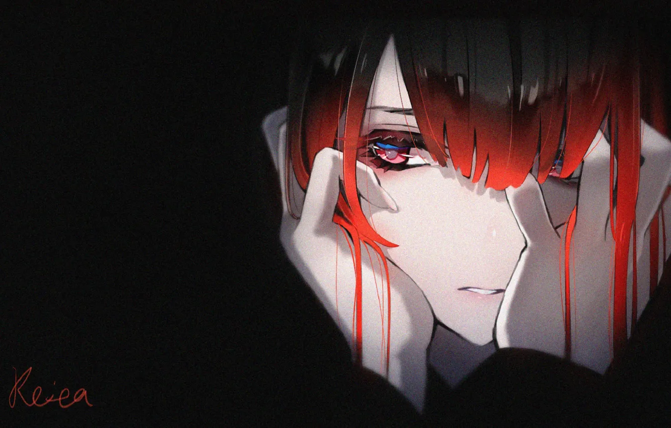 Фото обои одиночество, скука, красный глаз, дипресия, в темноте, руки на лице, физиономия, by Rei Hoshizaki