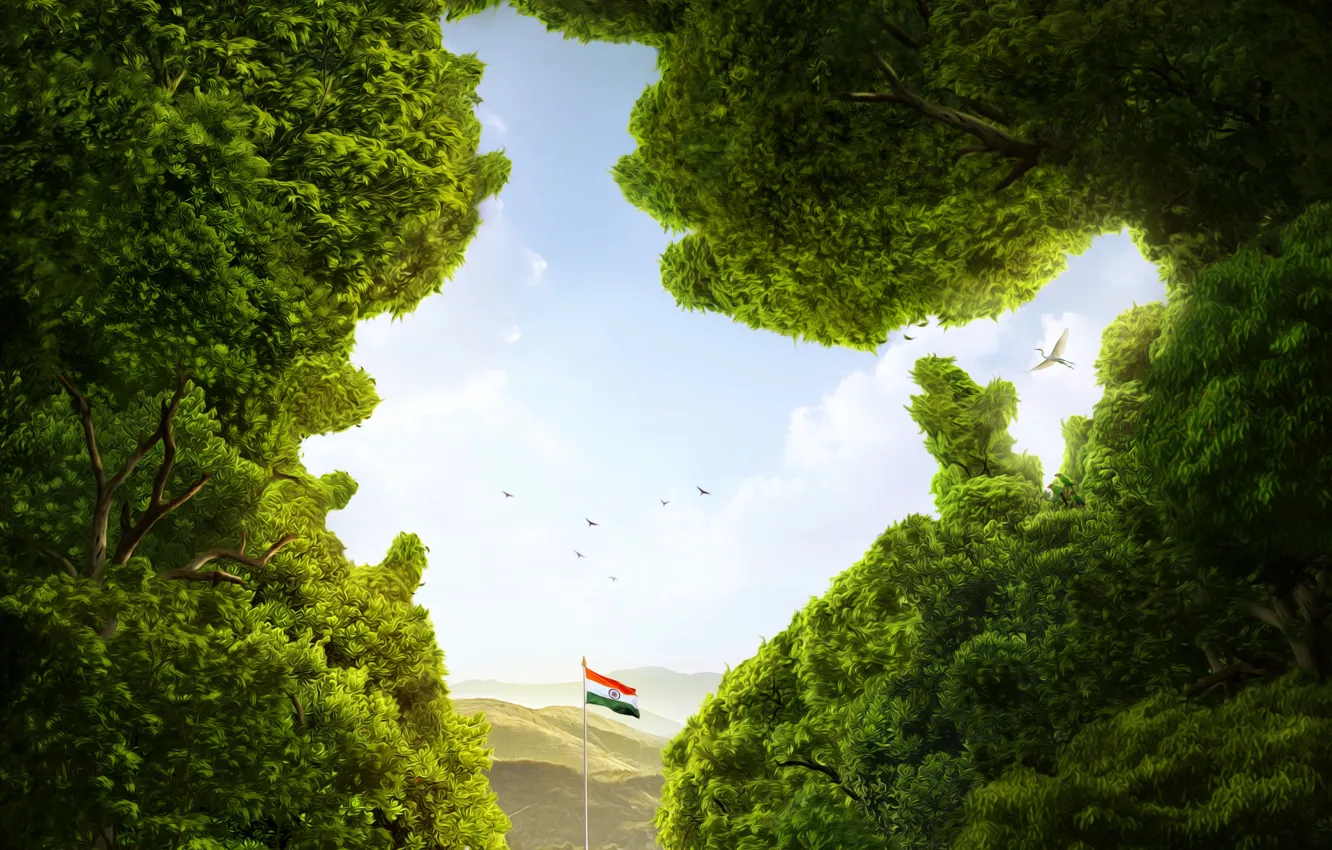 Фото обои зелень, небо, деревья, горы, птицы, природа, Индия, флаг, арт, India
