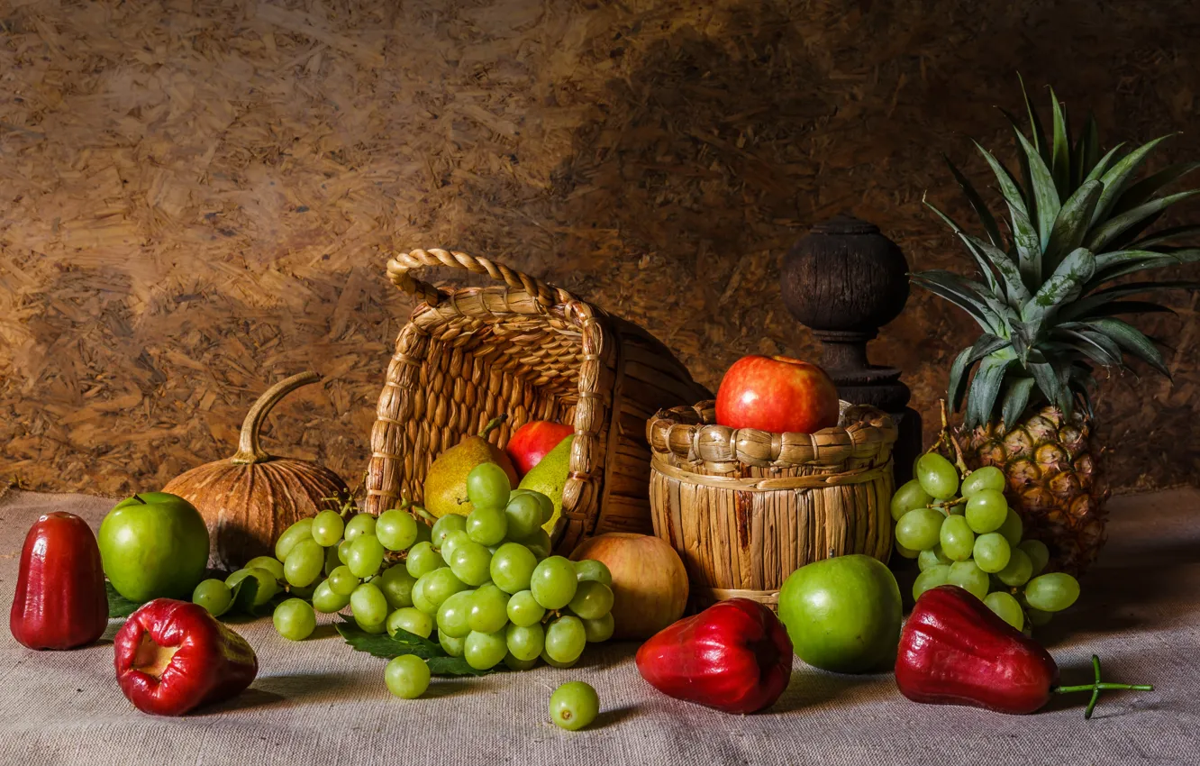 Фото обои яблоки, виноград, фрукты, натюрморт, груши, flowers, autumn, fruit, grapes, still life