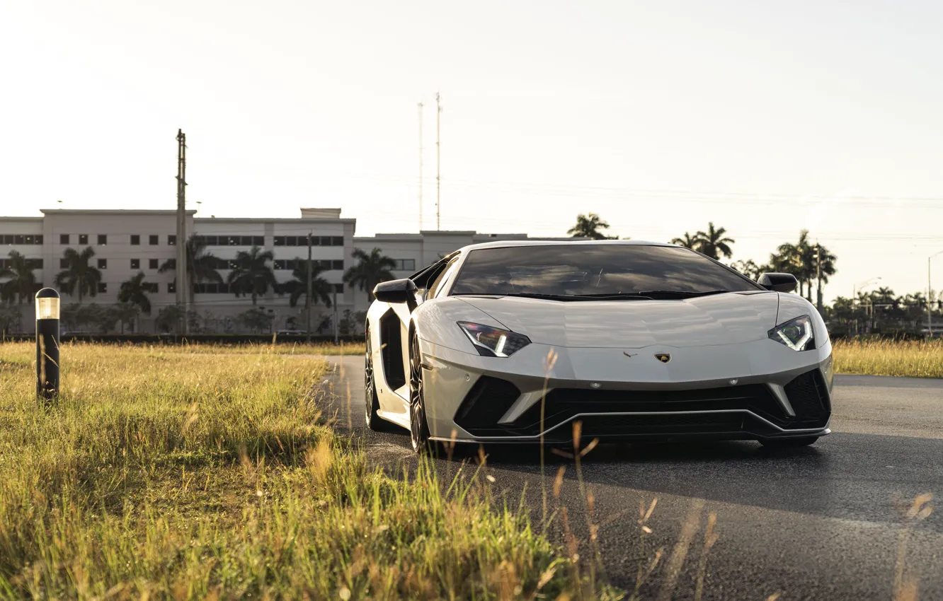 Фото обои Lamborghini, Sunset, White, Aventador, Face, VAG, Sight