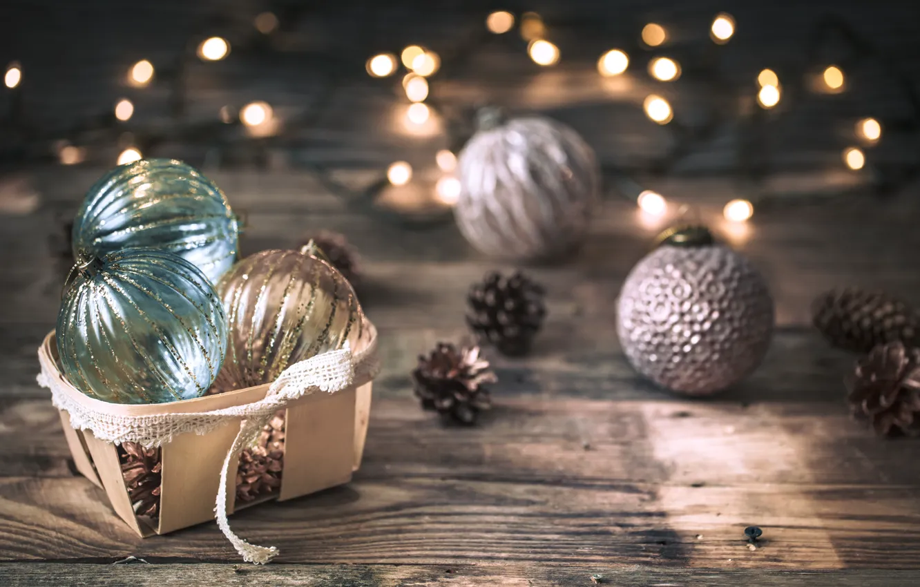 Фото обои зима, украшения, шары, елка, Рождество, Новый год, new year, Christmas, balls, винтаж, winter, bokeh, decoration, …