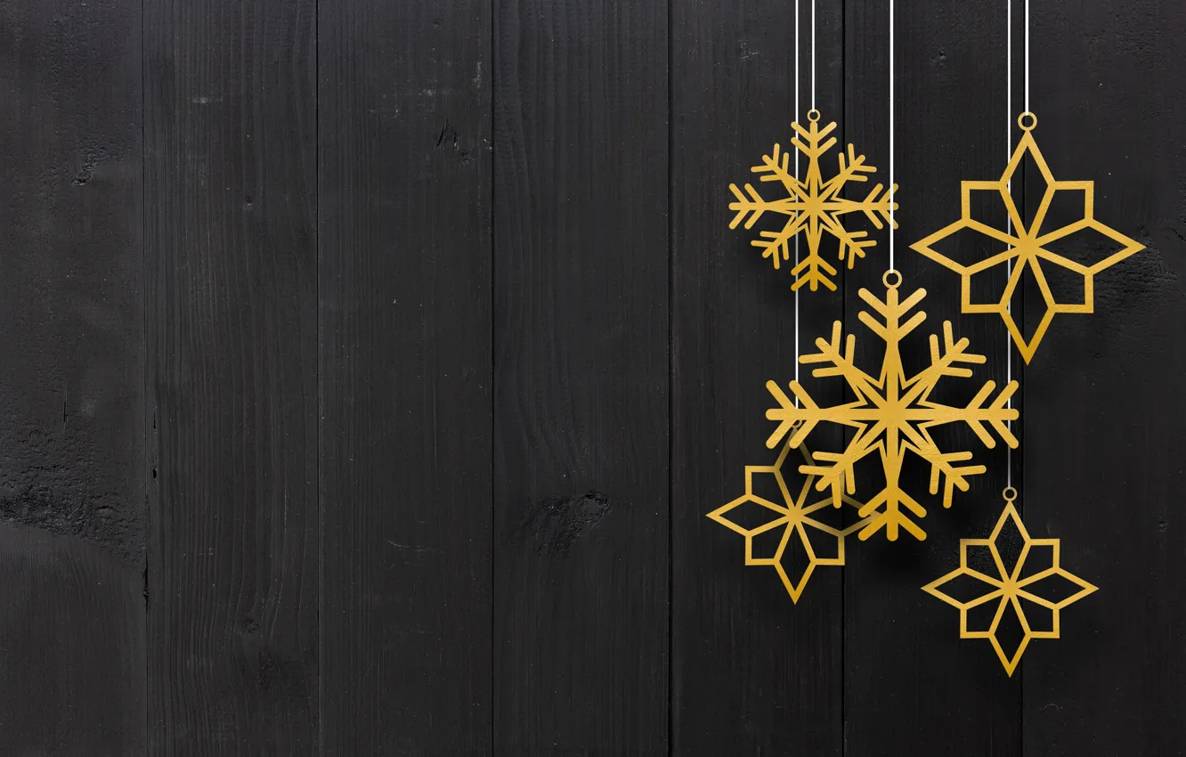 Фото обои зима, снежинки, golden, черный фон, black, Christmas, winter, background, snowflakes