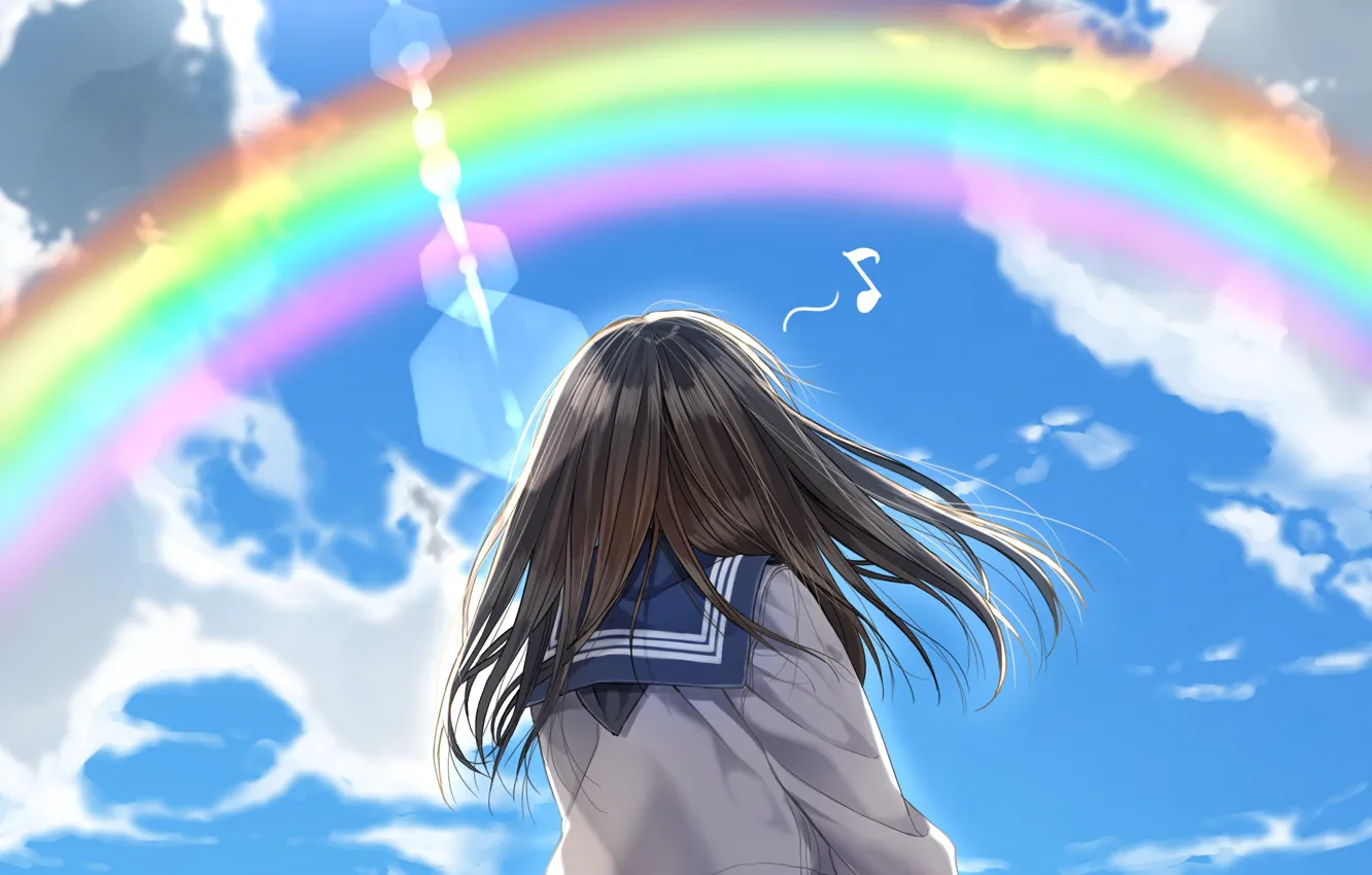 Фото обои облака, радуга, школьница, голубое небо, ветерок, матроска, со спины