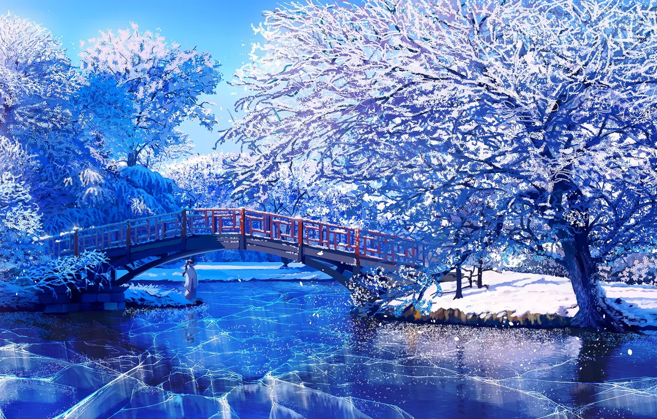 Фото обои лед, зима, девушка, деревья, мост