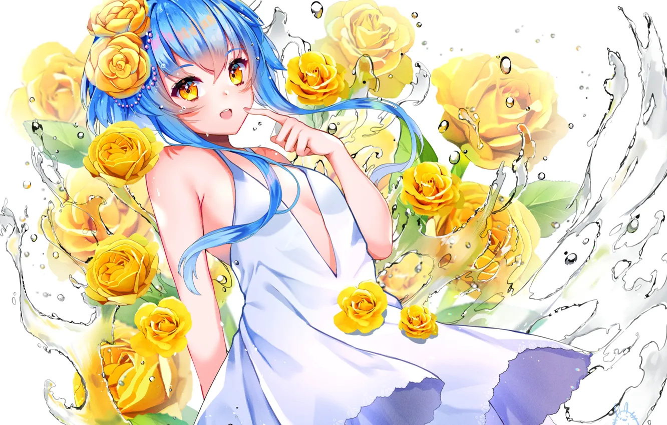 Фото обои вода, девушка, розы, жёлтые розы