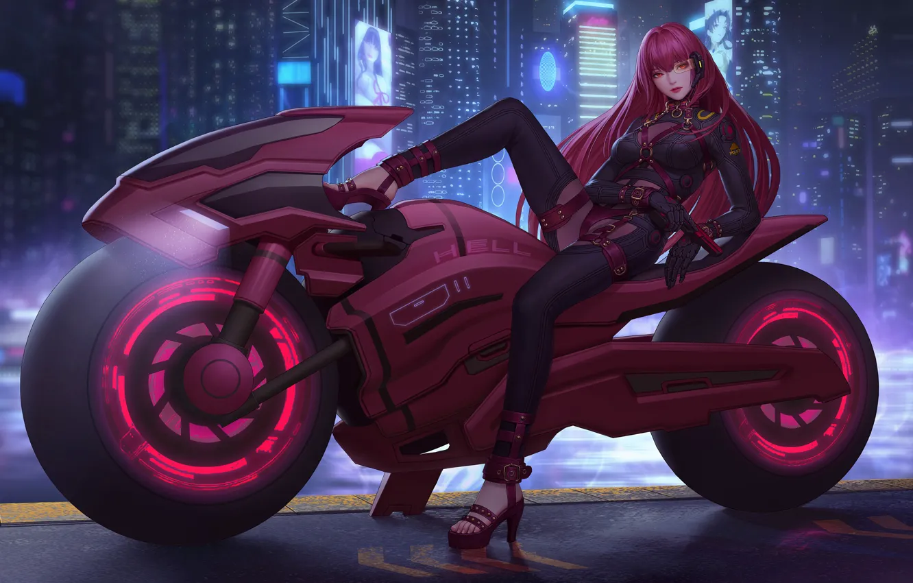 Фото обои gun, anime girl, fate grand order, city cyberpunk 2077, motorcycl...