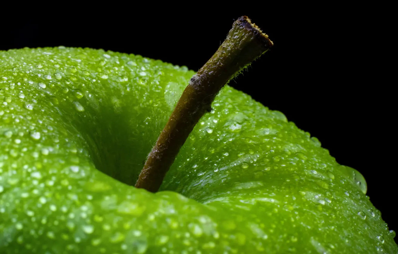 Фото обои капли, макро, яблоко, зелёное