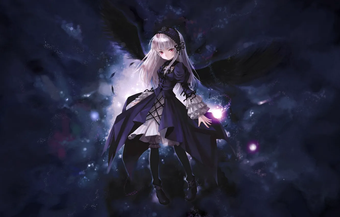 Фото обои красные глаза, Suigintou, в темноте, черные крылья, Rozen Maiden, черная магия, Девы Розена