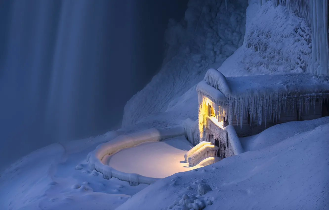 Фото обои зима, снег, водопад, сосульки, Канада, Онтарио, Ниагарский водопад, Canada, Ontario, Niagara Falls, смотровая площадка
