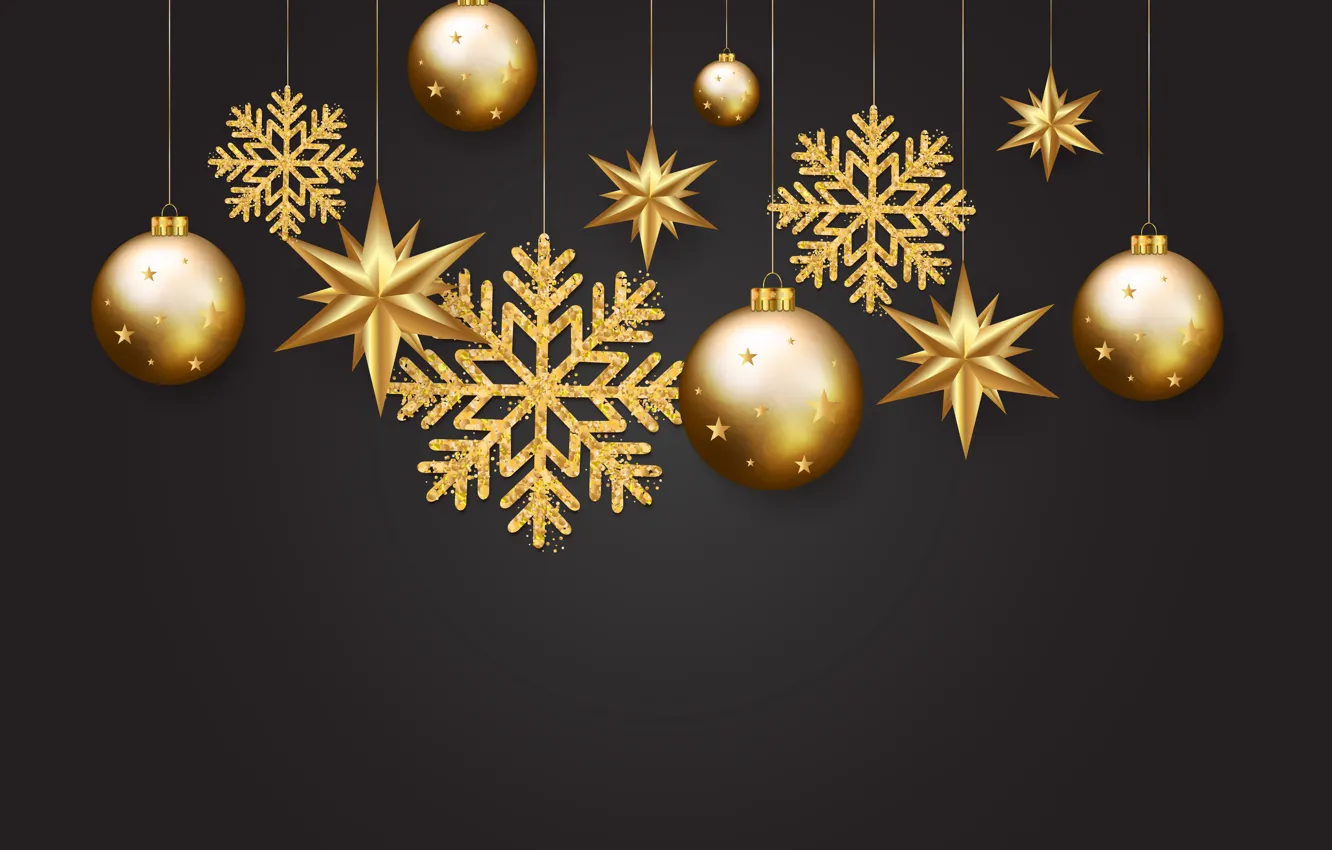 Фото обои золото, шары, Новый Год, golden, черный фон, black, balls, background, New Year, Happy, sparkle, glitter, …