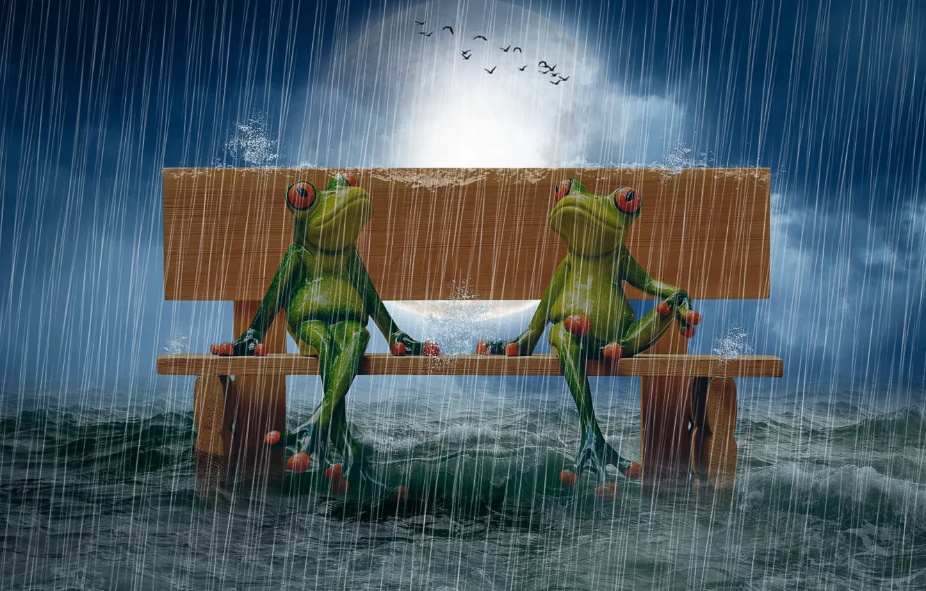 Фото обои море, скамейка, дождь, Луна, фотоманипуляция, кукольные, птицы в небе, лягушата