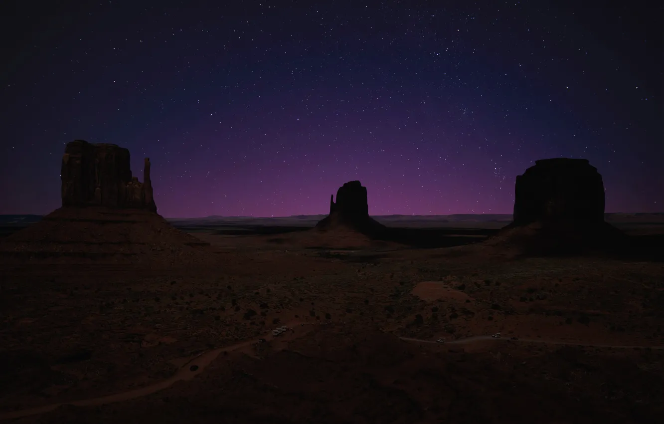 Фото обои звезды, ночь, скала, Аризона, США, Долина Монументов