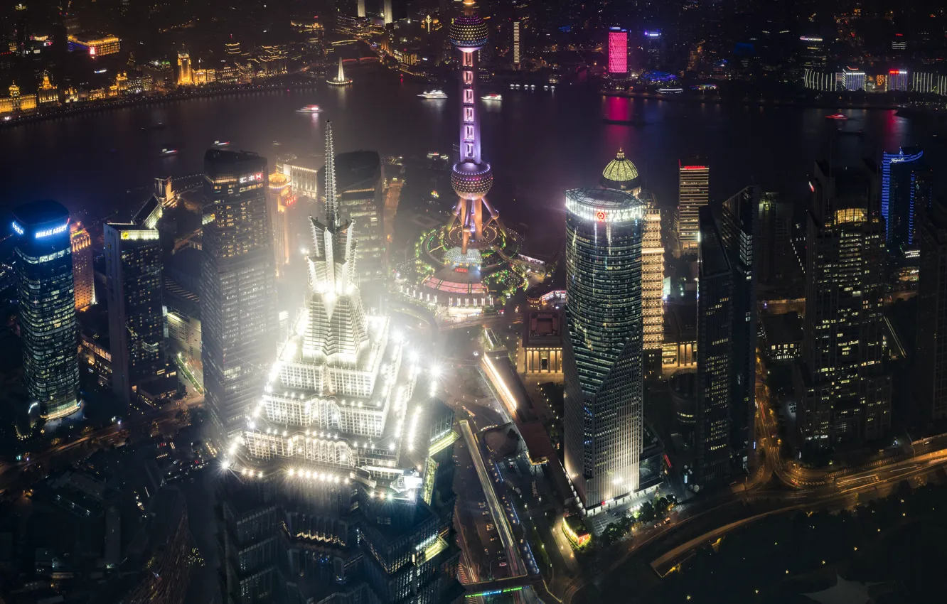 Фото обои свет, ночь, город, огни, Китай, Шанхай