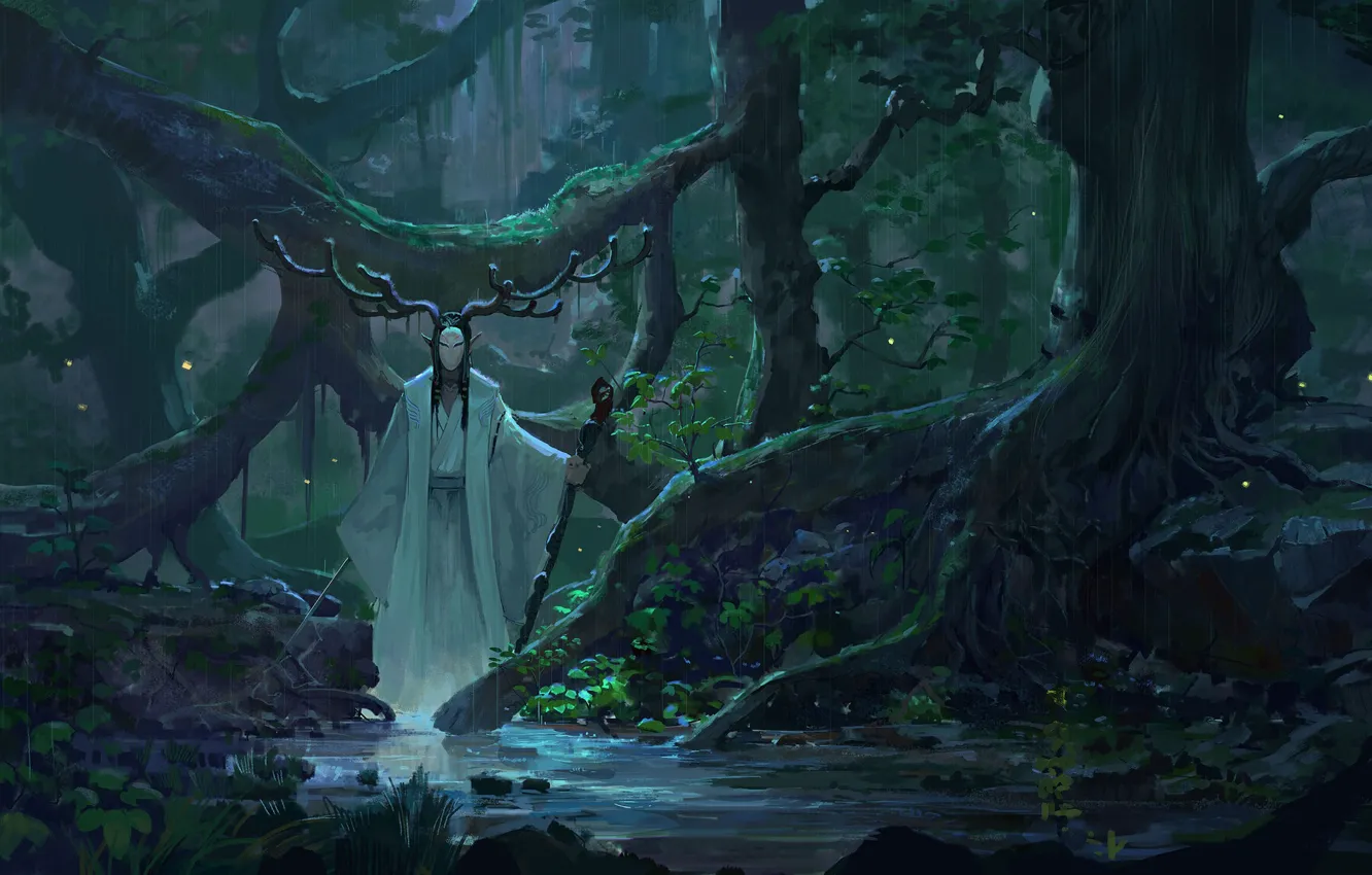 Фото обои sword, fantasy, forest, rain, horns, trees, weapon, digital art, Druid...