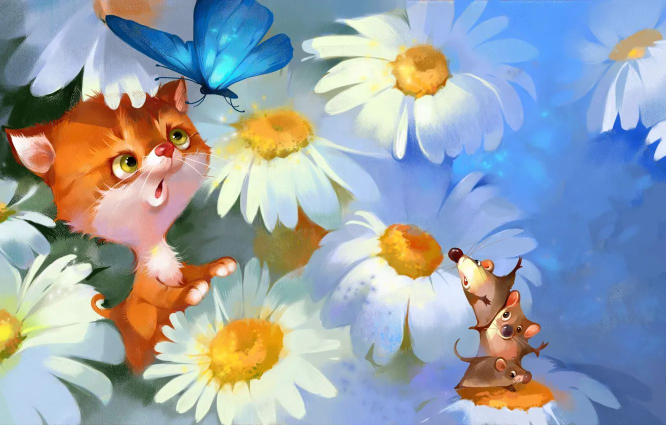 Фото обои животные, кот, цветы, бабочка, рисунок, ромашки, мыши