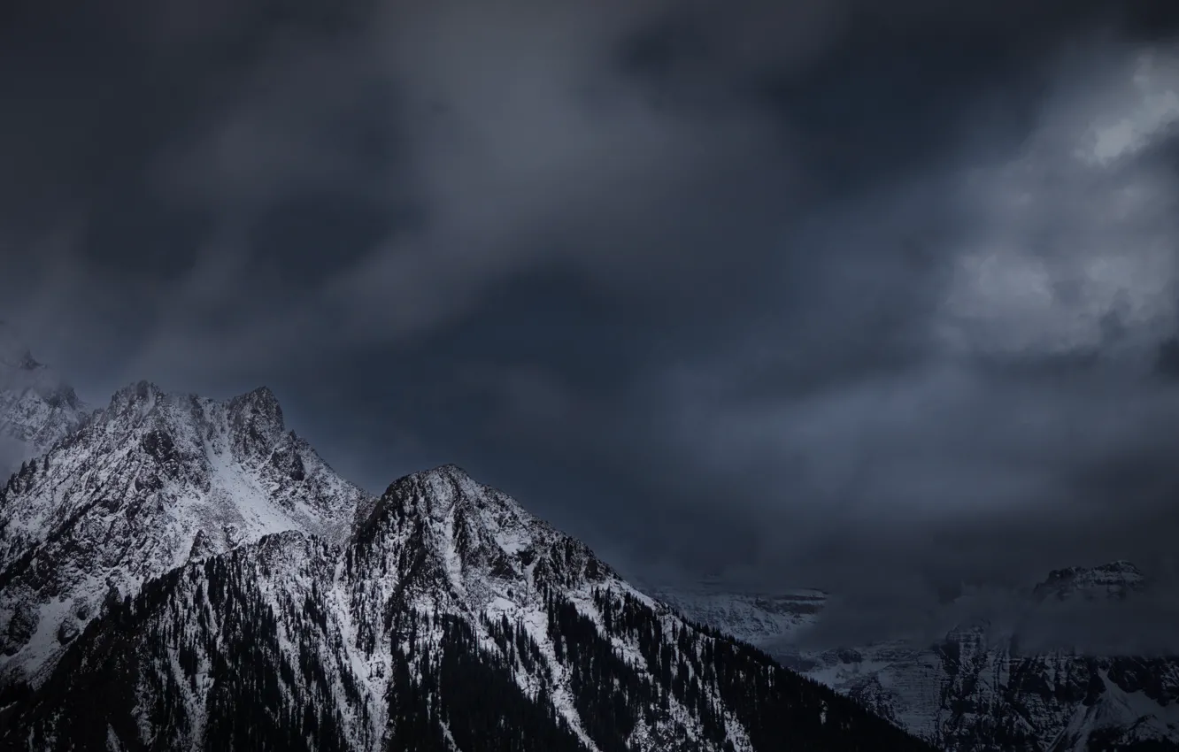 Фото обои зима, небо, снег, деревья, горы, тучи, природа, скалы