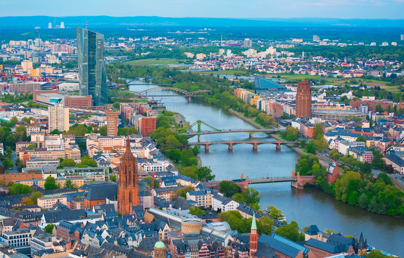 Фото обои река, здания, дома, Германия, панорама, мосты, Germany, Франкфурт-на-Майне, Frankfurt am Main, Река Майн, River Main