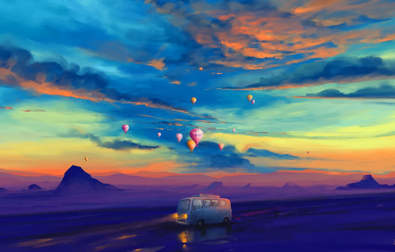 Фото обои lights, twilight, road, sky, landscape, sunset, art, mountains, clouds, evening, painting, artist, artwork, balloons, illustration, …
