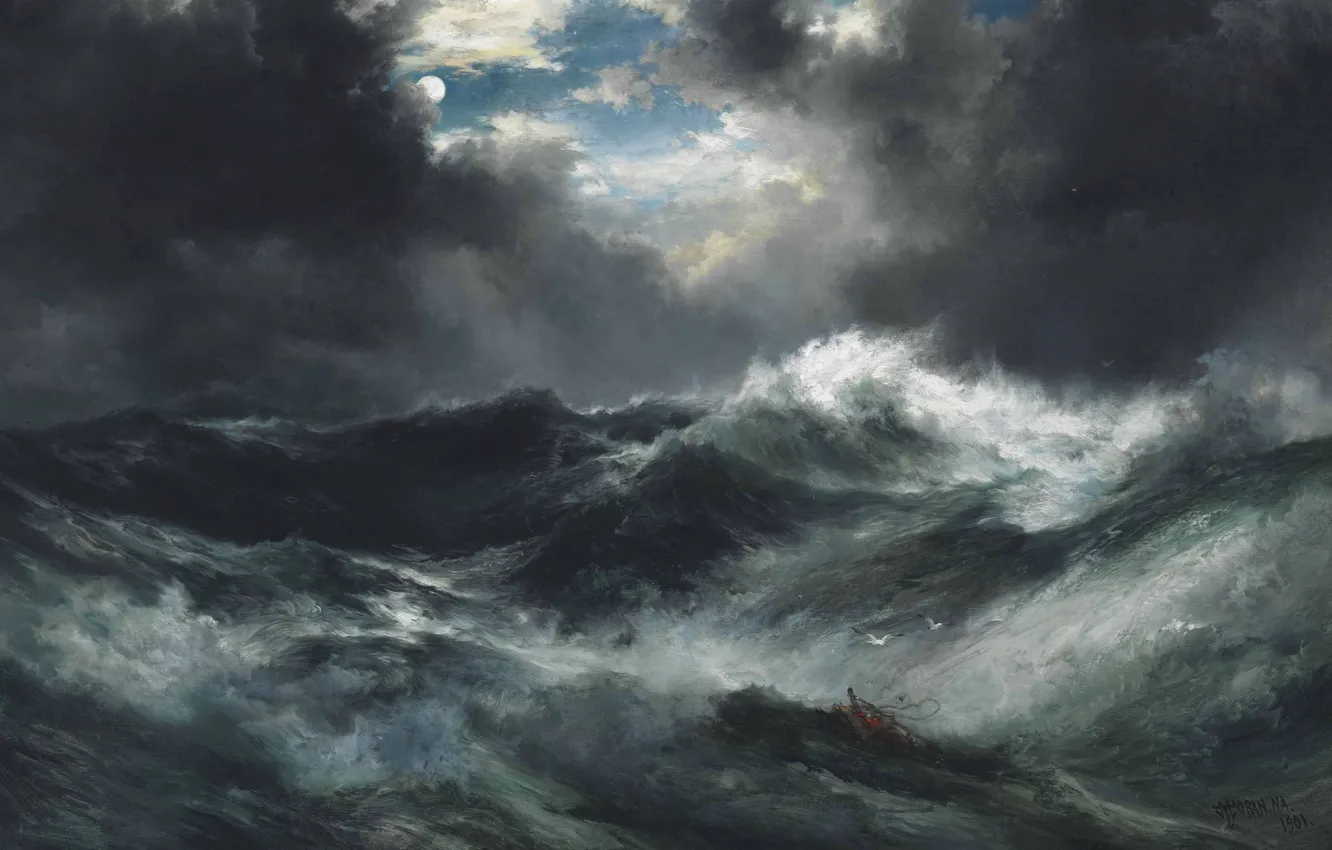Фото обои море, волны, свет, ночь, тучи, шторм, луна, картина, кораблекрушение, маринистика, thomas moran, moonlight shipwreck at …