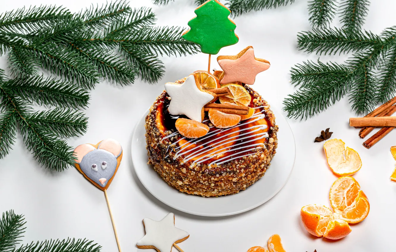 Фото обои печенье, Рождество, торт, Новый год, мандарин, еловые ветки