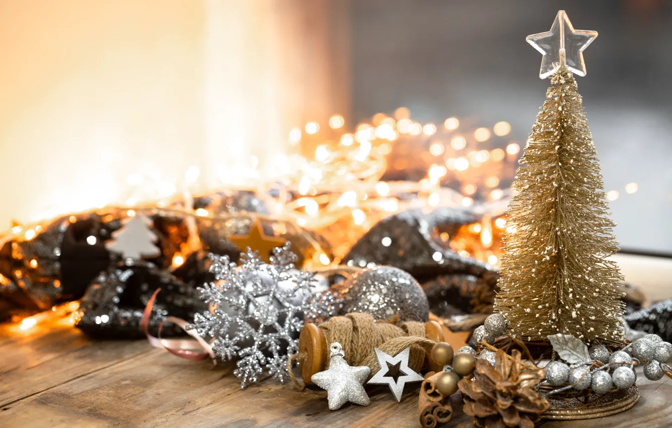 Фото обои Рождество, Новый год, мишура, ёлочка, снежинка, декор