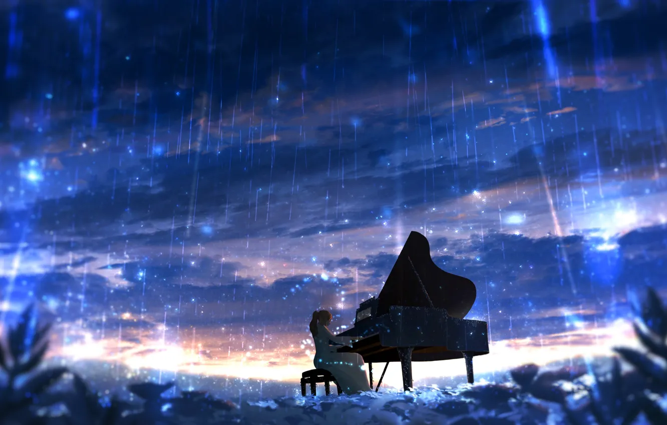 Фото обои девушка, пианино, звездопад