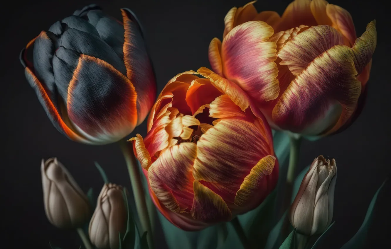 Фото обои листья, цветы, dark, тюльпаны, натюрморт, flowers, background, leaves, tulips, still life, композиция, composition, floral, цветочная