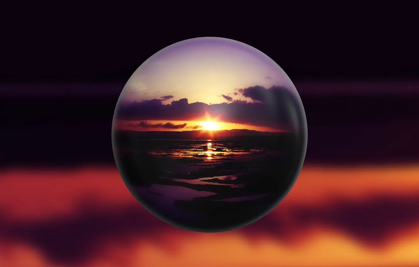 Фото обои отражение, шар, вечер, арт, закат солнца, reflection, sphere, зеркальная сфера
