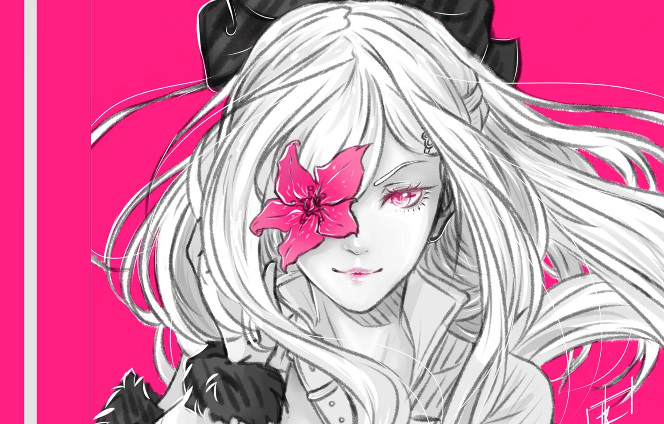 Фото обои цветок, рисунок, розовый фон, длинные белые волосы, лицо девушки