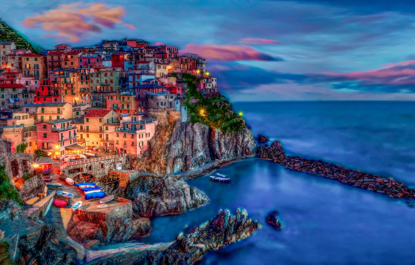 Фото обои море, скалы, побережье, здания, дома, Италия, Italy, Лигурийское море, Manarola, Манарола, Cinque Terre, Чинкве-Терре, Ligurian …