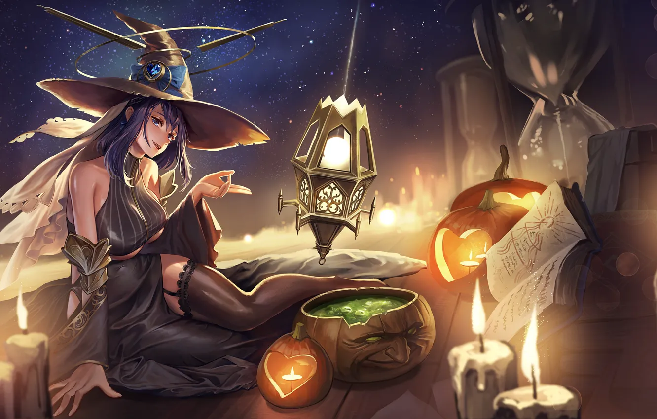 Фото обои Halloween, ведьма, witch, зелье, тыквы зла, черная магия, черная одежда, гримуар, горящие свечи, проклятье