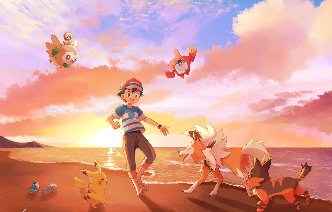 Фото обои Закат, Небо, Пляж, мальчик, Покемон, Boy, Pokemon, Pikachu, Feet,...