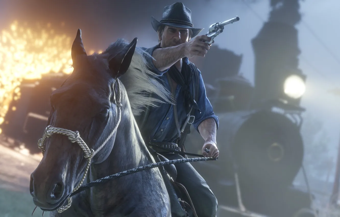 Фото обои лошадь, поезд, шляпа, револьвер, Rockstar, Бандит, Red Dead Redemption 2, Arthur Morgan