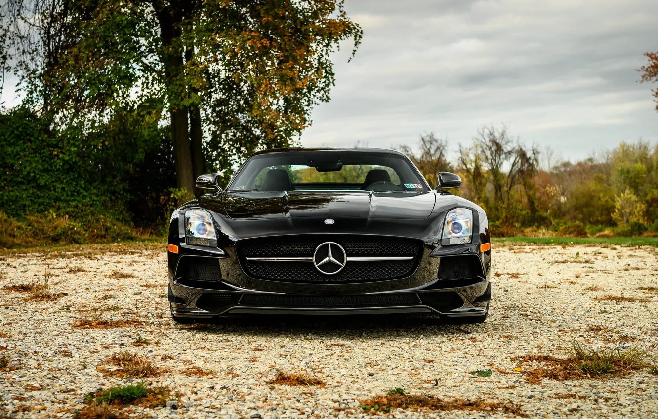 Фото обои Mercedes, Nature, Front, AMG, Black, SLS, Sight