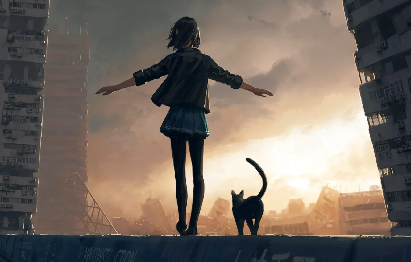 Фото обои девочка, разрушенный город, черная куртка, со спины, черная кошка, пасмурное небо, руки в стороны, by …