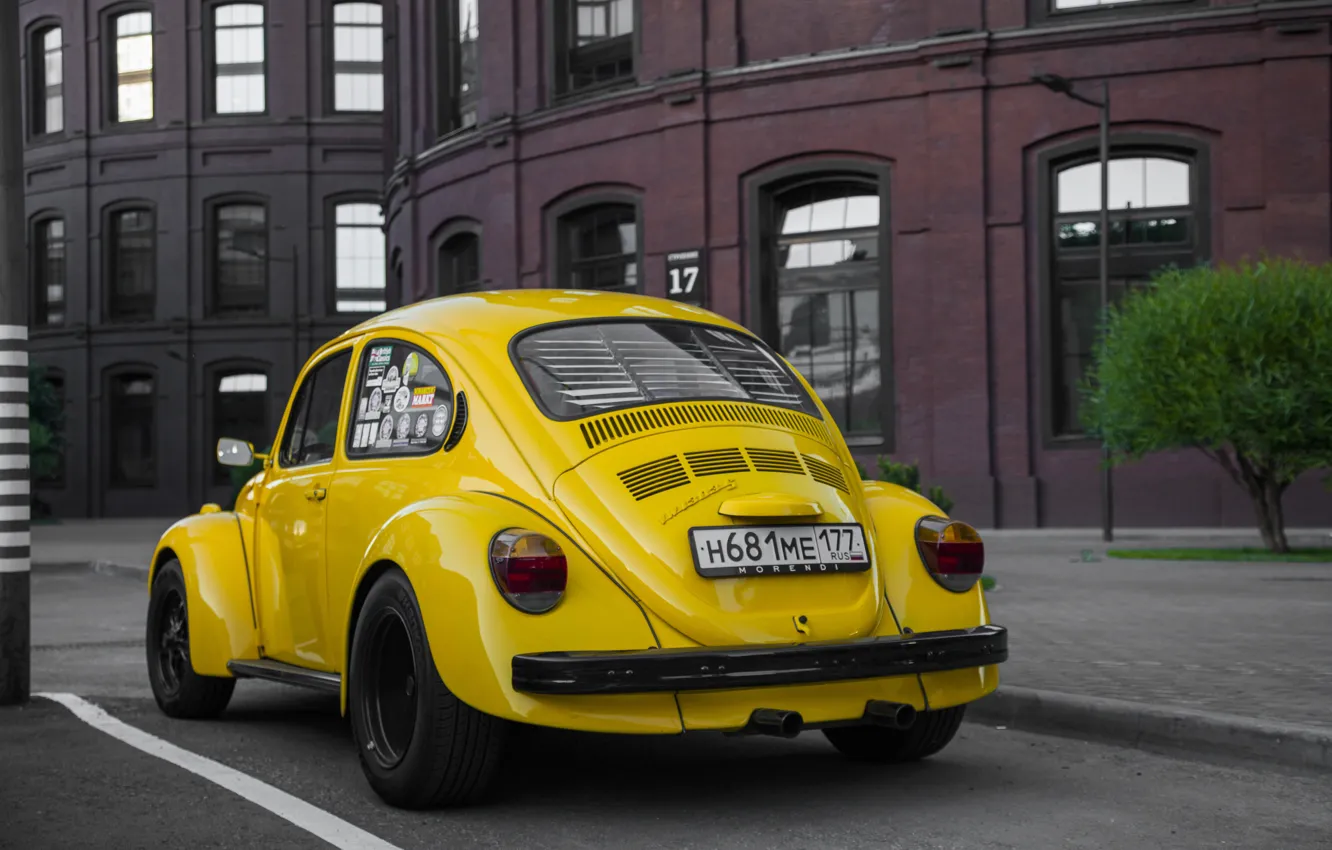 Фото обои жёлтый, тюнинг, жук, volkswagen, yellow, фольксваген, beetle, vag, yellow car, kaffer, 1303s, morendi