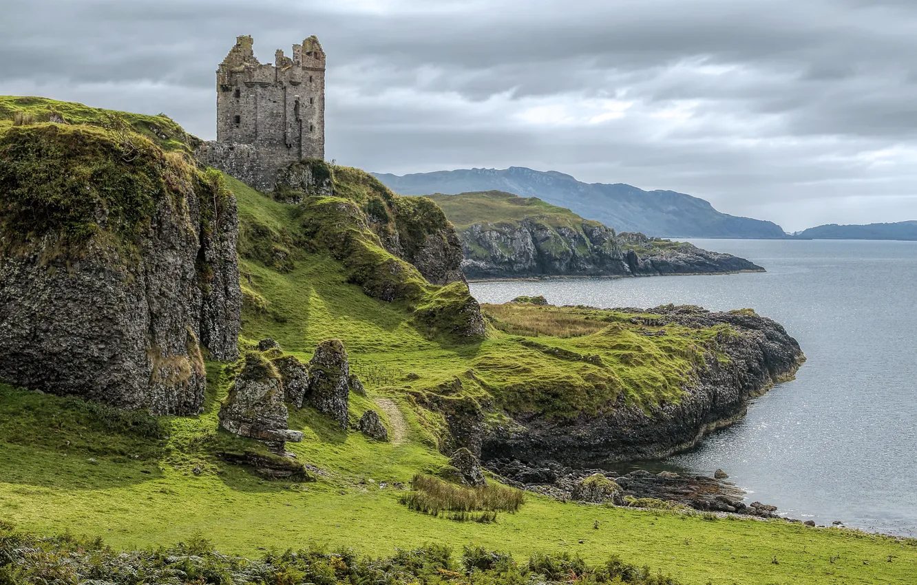 Фото обои море, небо, тучи, замок, Шотландия, руины, средневековая архитектура, Gylen Castle