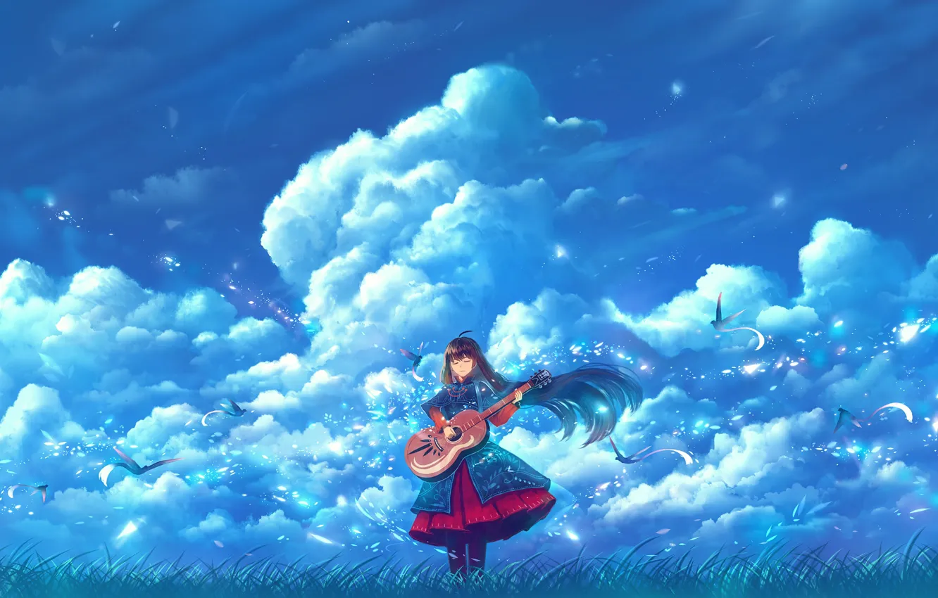 Фото обои небо, девушка, облака, птицы, гитара