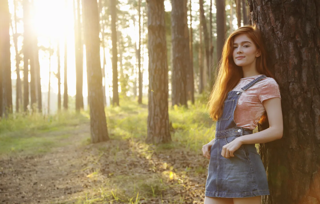 Фото обои лес, девушка, природа, girl, model, рыжая бестия, Jia Lissa