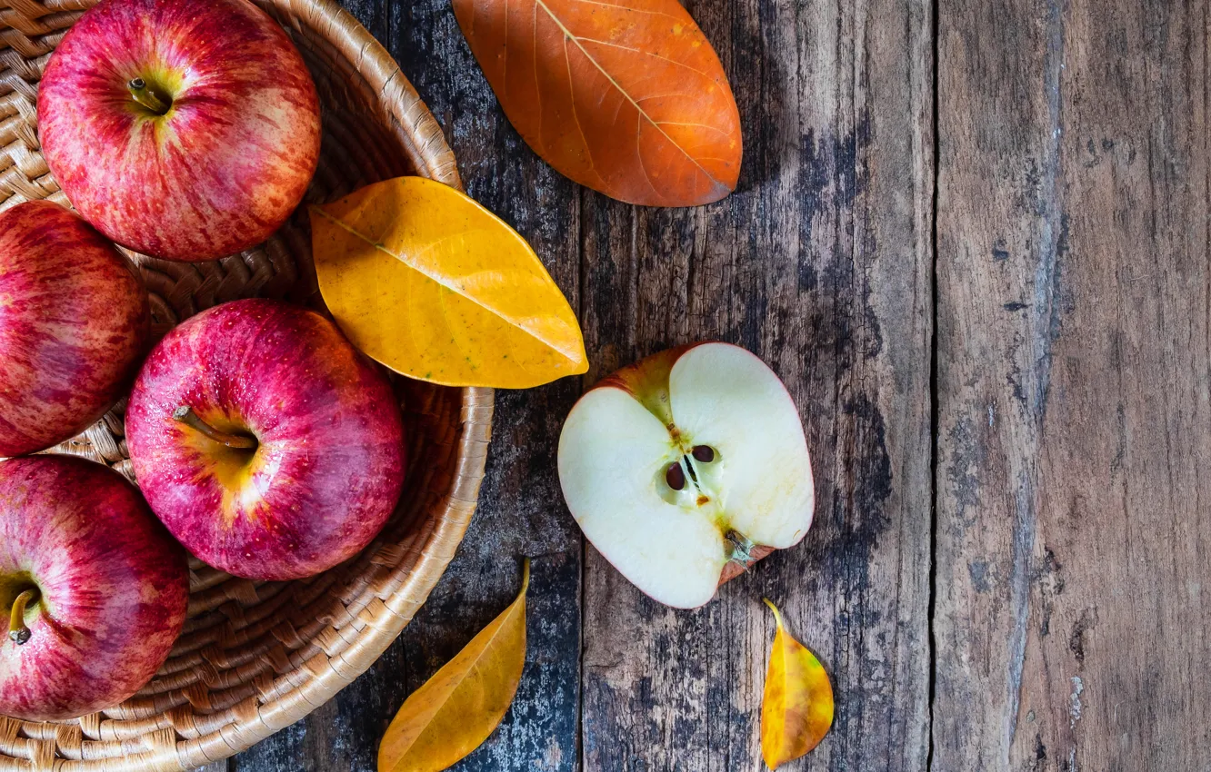 Фото обои осень, листья, яблоки, wood, autumn, leaves, fruits, осенние, apples