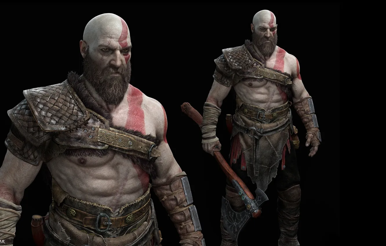 Фото обои axe, god of war, weapon, kratos, man, blade, pose, viking, sparta...