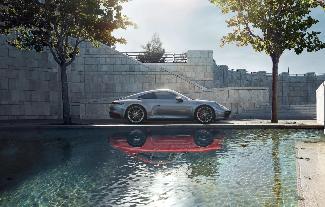 Фото обои машина, вода, стиль, отражение, спортивная, поколения, Porsche 911 Carrera S, 992, 2019