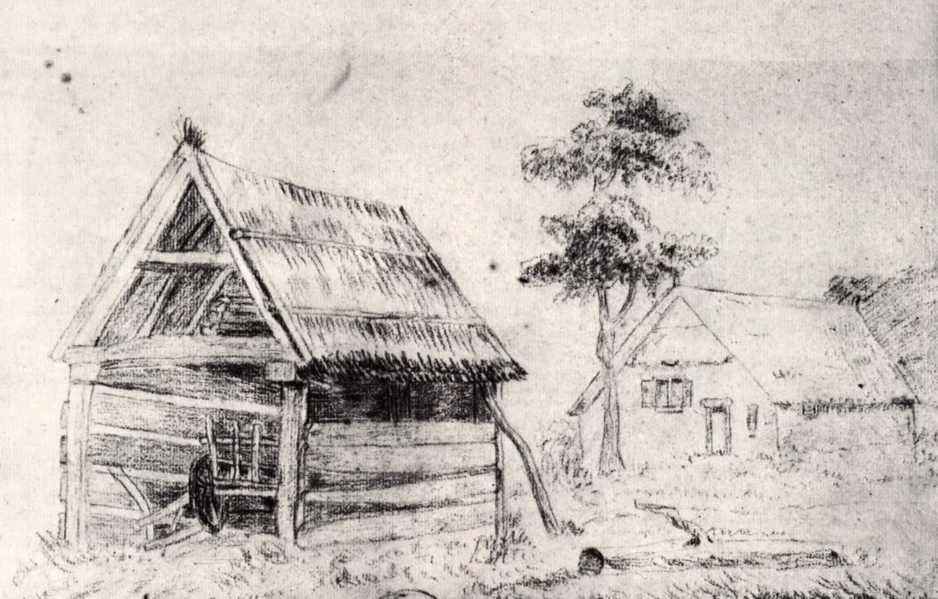 Фото обои дерево, деревня, Vincent van Gogh, Barn and Farmhouse
