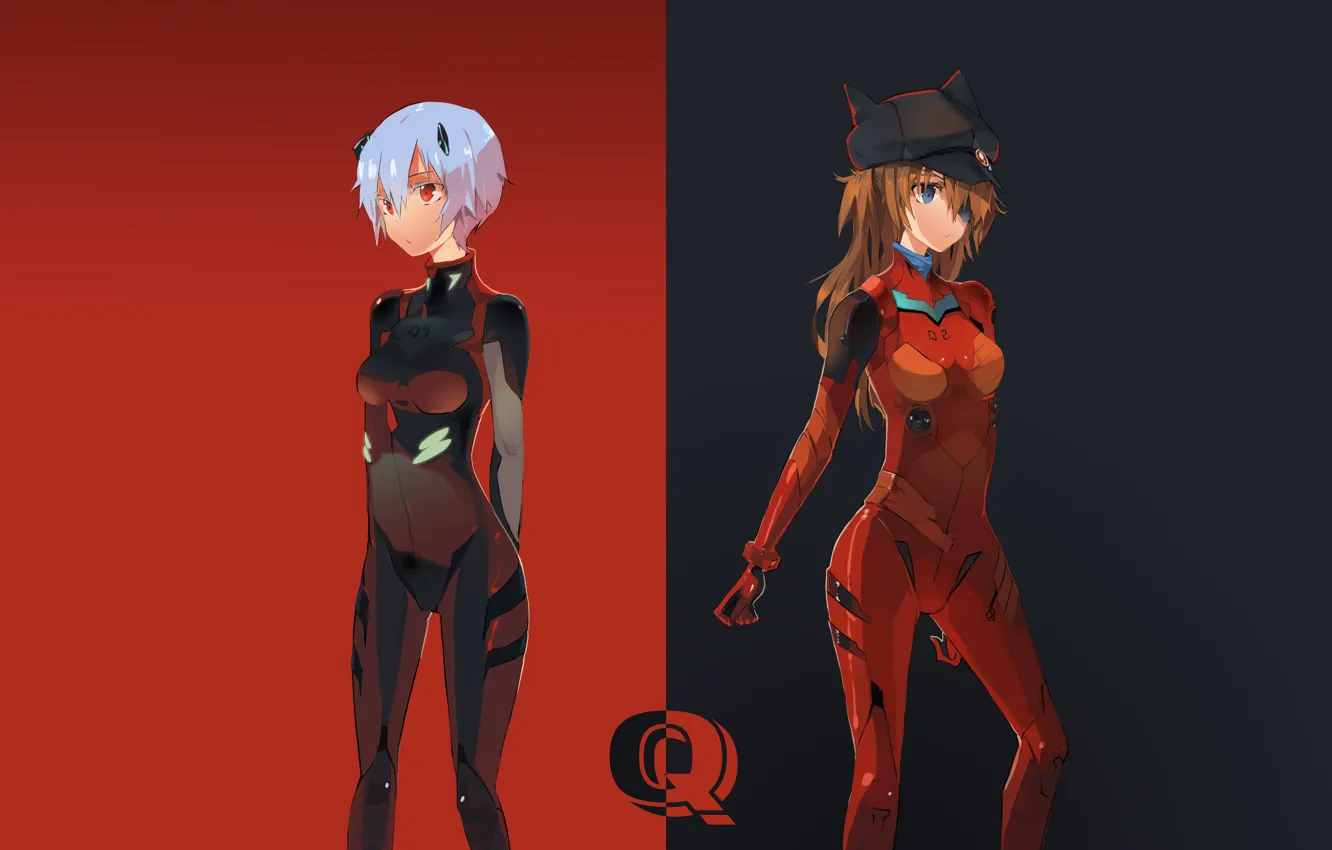 Фото обои аниме, две девушки, Anime, персонажи, Evangelion, Neon Genesis, красно-черный фон