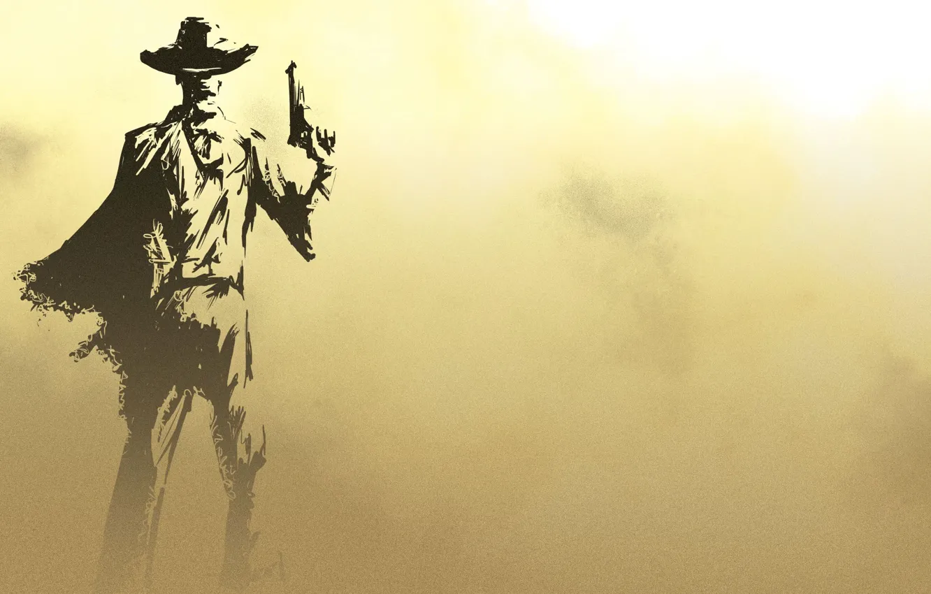 Фото обои Revolver, Weapon, Hat, Silhouette, Man, Cape, Pose, Desert, Cowboy, Sandstorm