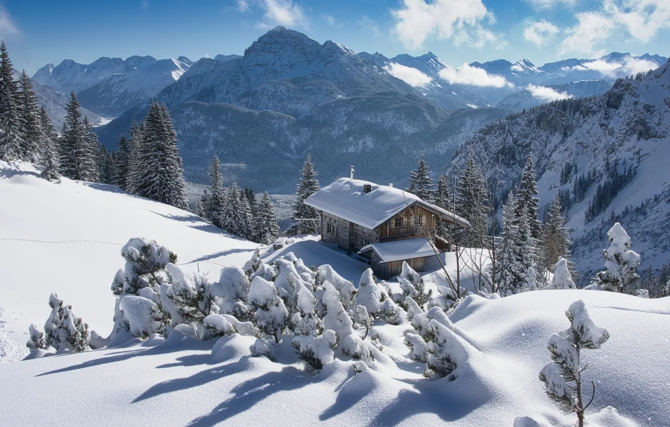Фото обои зима, снег, горы, Австрия, ели, Альпы, сугробы, домик, Austria, Alps, Тироль, Tyrol