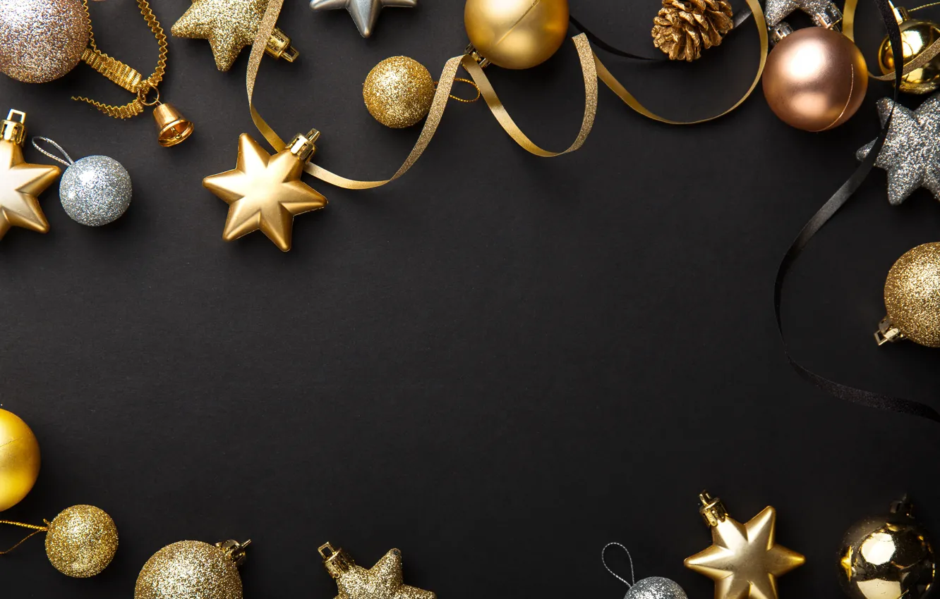 Фото обои украшения, золото, шары, Новый Год, Рождество, golden, черный фон, black, Christmas, balls, background, New Year, …